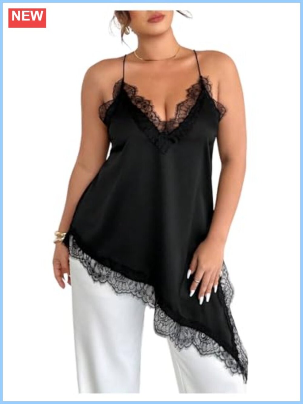 Plus Size Lace Trim Asymmetrical Camisole Top Sleeveless Split Hem